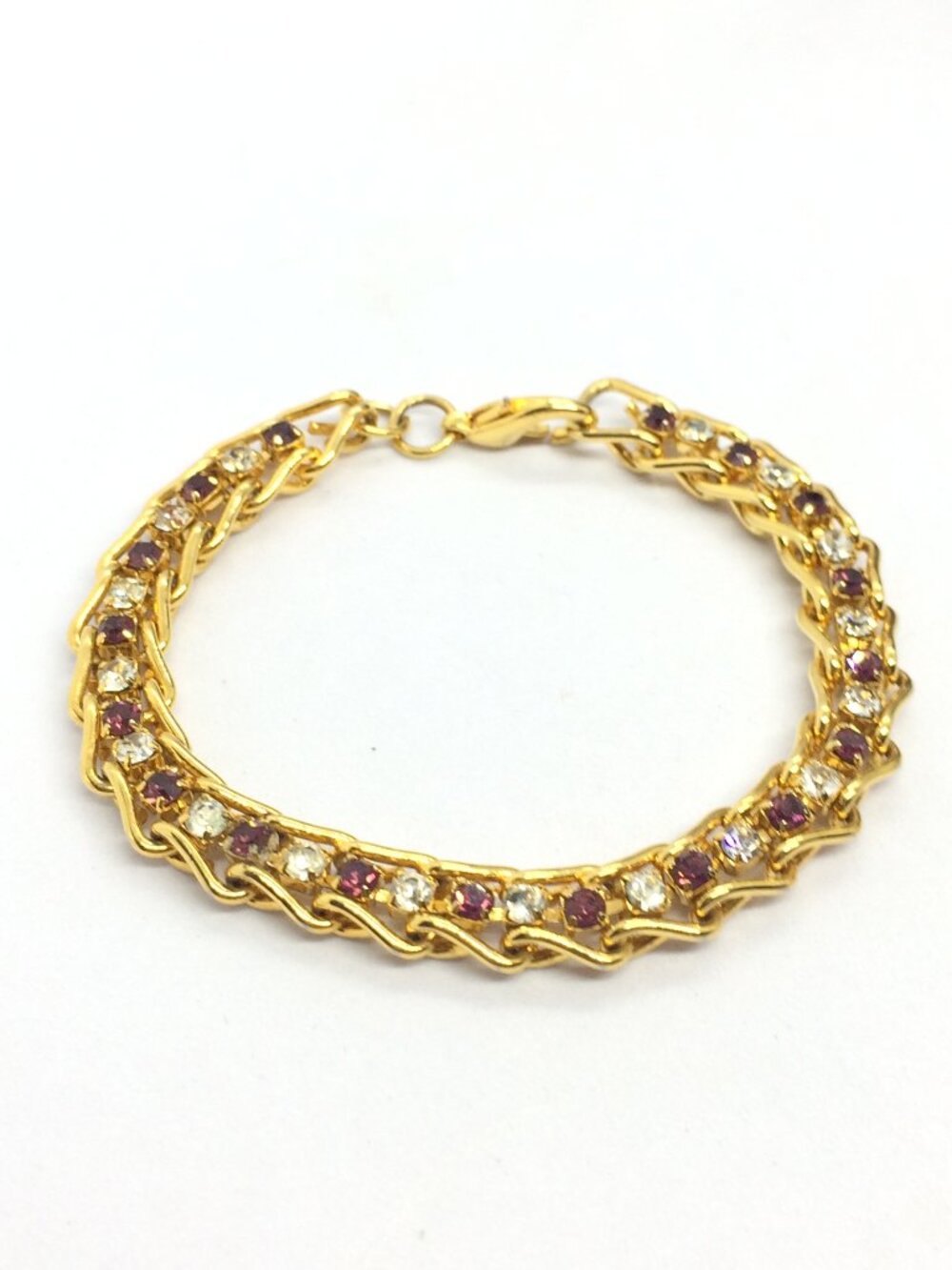VINTAGE RHINESTONE BRACELET Gold Tone Purple Clear Crystal Link 7" Unsigned